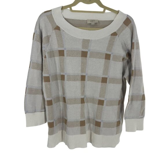 Loft Outlet Womens XL Plaid Knit Sweater Beige & White 100% Cotton Lightweight - Picture 1 of 4
